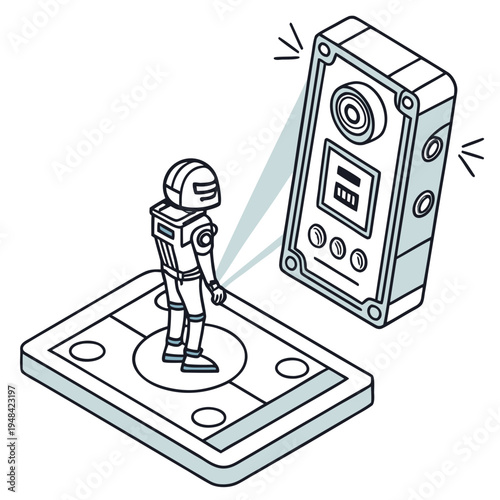 Astronaut on platform being scanned by device on white background space scanner