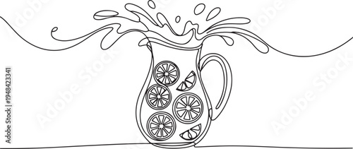 glass pitcher filled with lemonade splashing outwards with lemon slices. one line art icon drawing vector