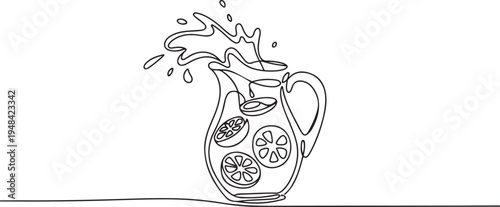 glass pitcher filled with lemonade splashing outwards with lemon slices. one line art icon drawing vector