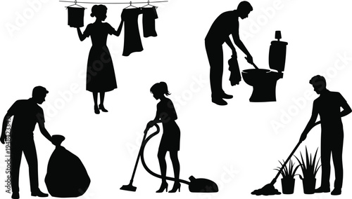 Diverse group of people performing various household cleaning tasks including vacuuming mopping and laundry