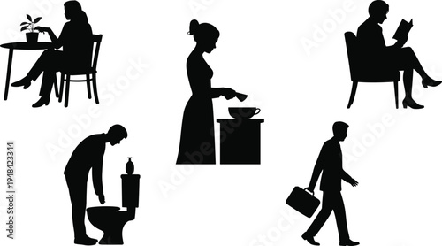 Diverse human silhouettes engaged in everyday activities including reading drinking and personal care
