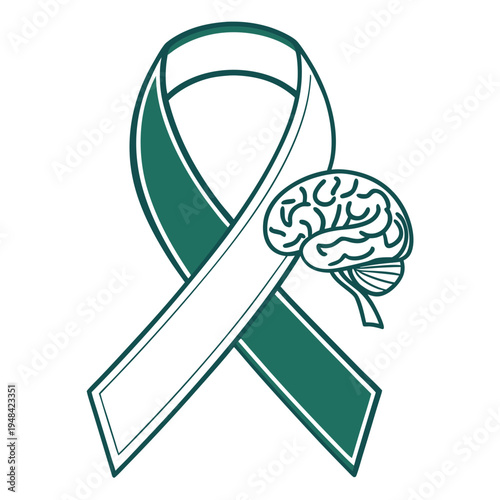 Green and white awareness ribbon with brain on white background line health