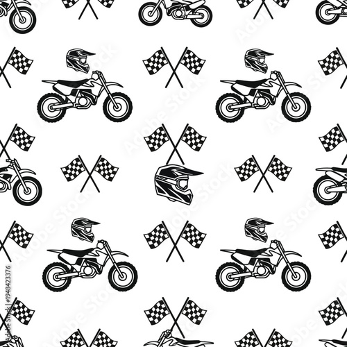 Motocross Race Pattern: Checkered Flags and Dirt Bikes Vector Background