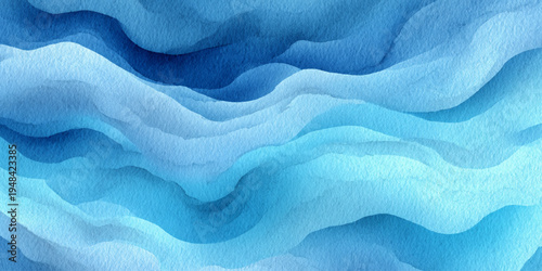 Blue ocean watercolor background with smooth flowing wave texture and artistic aqua paint illustration.