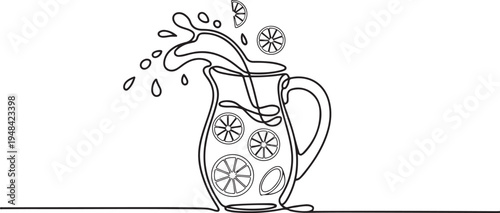 glass pitcher filled with lemonade splashing outwards with lemon slices. one line art icon drawing vector