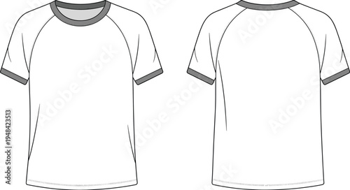 Front and back view flat of a white raglan sleeve t-shirt with grey trim on the neckline and sleeves