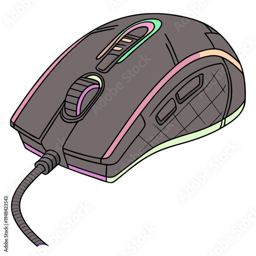 Gray computer mouse with pink and green accents and wire on white background gray mouse