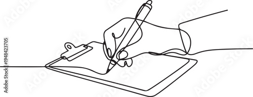 Hand writing with pen on clipboard in continuous. one line art icon drawing vector