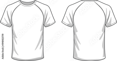 Front and back view of a plain white short-sleeved raglan t-shirt with a simple crew neckline clothing