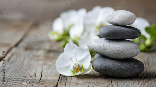 Close-up of smooth stacked river stones on a wooden surface with orchid petals, zen composition, spa wellness branding, tranquil nature concept, with copy space
