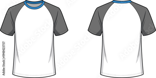 Front and back view of a white short-sleeved raglan t-shirt with grey sleeves and a blue neckline