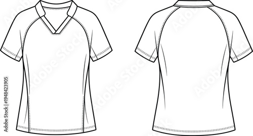 Front and back view technical of a white short-sleeved v-neck raglan t-shirt with collar detail and double stitched hem and cuffs