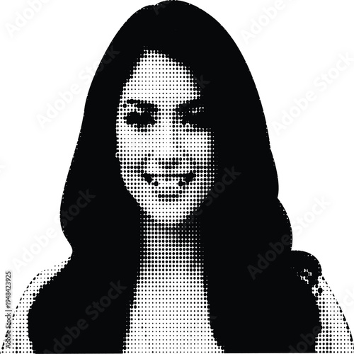 A high contrast black and white halftone portrait of a woman with long dark flowing hair style Vector