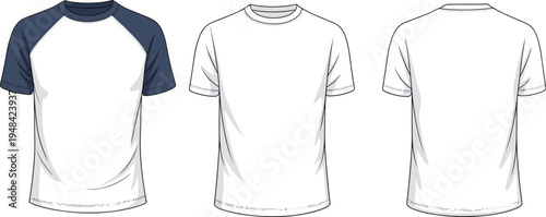 Front and back view technical of a white t-shirt with navy blue raglan sleeves and a white t-shirt with double stitched hem and cuffs