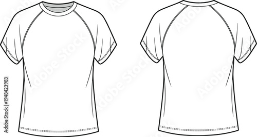 Front and back view technical of a plain white short-sleeved raglan t-shirt with crew neck and double stitched hem and cuffs