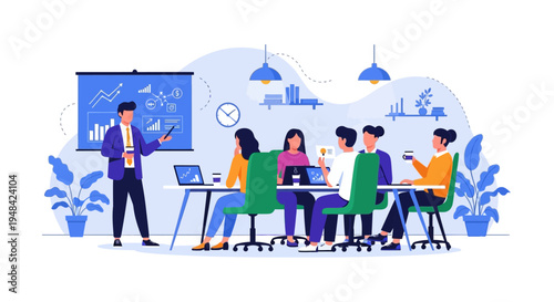 Business team collaborating on project with presentation and laptops in modern office