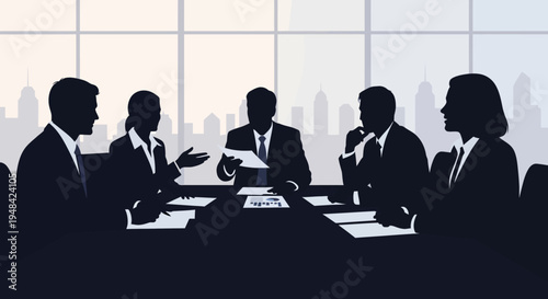 Business team discussing strategies in modern office setting