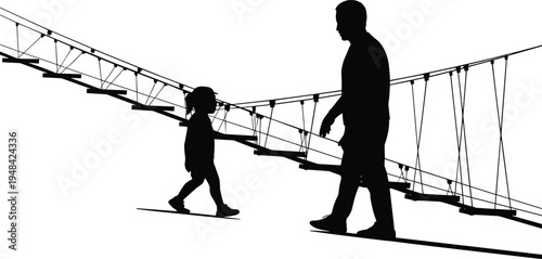 Silhouette of a father and child crossing a rope bridge, symbolizing guidance and adventure in a park setting