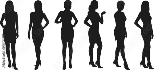 Flat vector illustration of female silhouette icons, woman pose, fashion dress, high heels, elegance, body language concept design