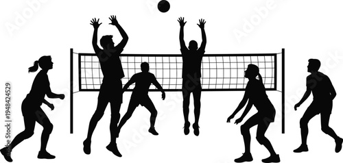 Silhouette of a volleyball game in action with players jumping and hitting the ball over the net sport