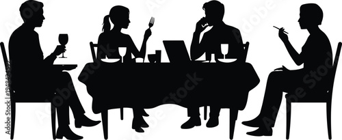 Silhouette of four people dining at a table with a laptop and drinks, engaged in conversation and activity