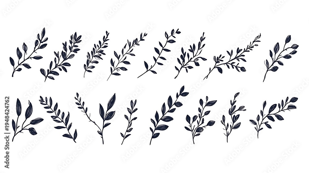 Fototapeta premium Leaf silhouettes, vector collection, diverse leaves shapes, nature elements. Ideal for eco friendly brand aesthetics, botanical illustrations, educational materials, artistic designs, decorations.