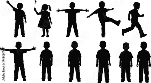 Children silhouette collection kids playing standing walking running happy child poses isolated black vector illustration set