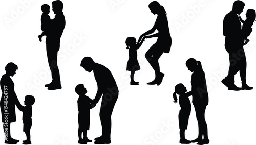 Silhouettes of parents and children interacting in tender moments against a white background family