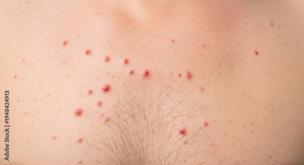 Fototapeta premium A close up view of an adult male chest showing signs of inflamed acne lesions and skin irritation