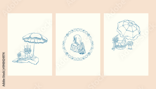 Set of summer beach card templates in a vintage line style. A collection of whimsical holiday posters in blue with space for text. Vector illustrations for weddings and parties in a coastal theme