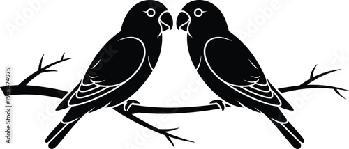 Two black lovebirds perched on a branch, depicted in a stylized silhouette with white outlines