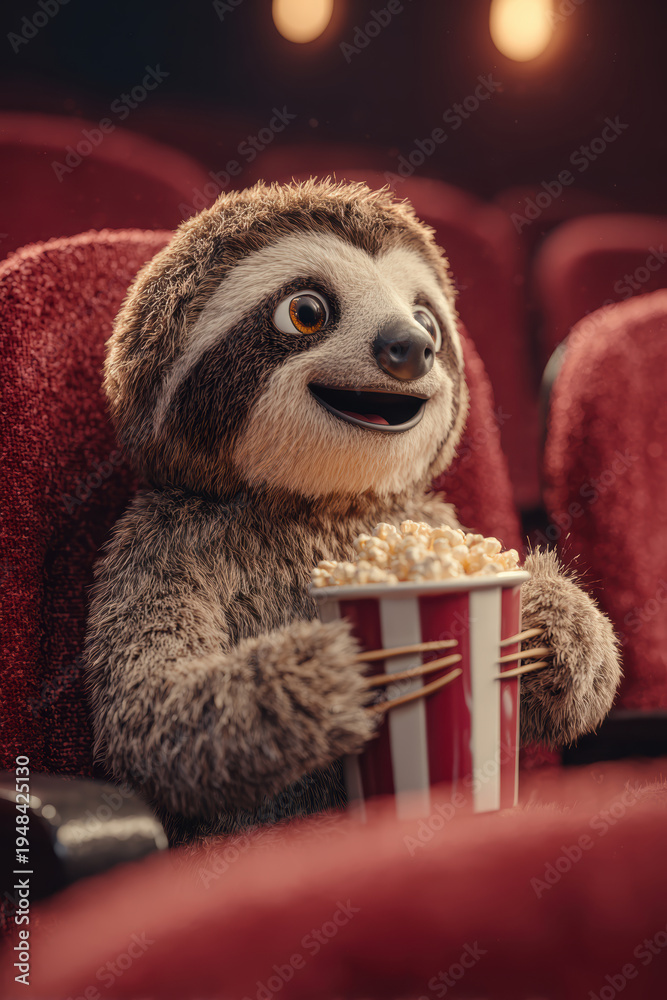 Fototapeta premium Cute Sloth Watching Movie with Popcorn – Generative AI