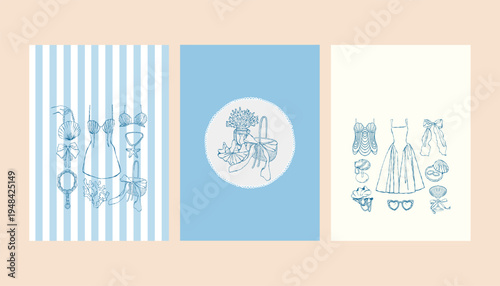 A set of postcard templates featuring womens summer accessories and clothing in a vintage line style. A collection of whimsical fashion posters in blue with space for text. Vector illustrations for
