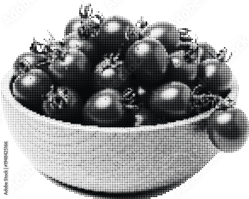A black and white halftone print illustration of a bowl filled with fresh garden ripe tomatoes Vector
