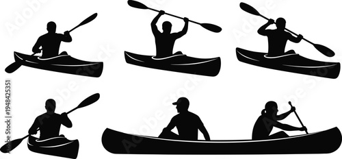 Kayak and canoe paddler silhouettes collection kayaking activity water sport adventure river paddling outdoor recreation vector illustration set