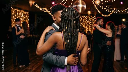 couple dancing romantically at indoor evening celebration with golden fairy lights