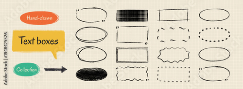Hand-drawn crayon doodle text box collection.Rectangle, round shapes, pencil sketch texture. Vector drawing ink illustration. Grunge brush outline text boxes for notes- speech box, shapes, elements.