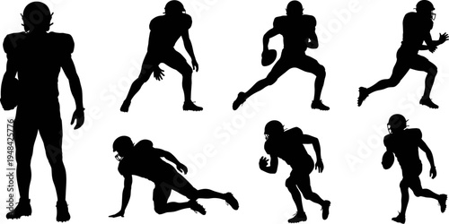 Flat vector illustration of American football player silhouettes, dynamic sports action, running, tackling, throwing, athletic motion, competitive game concept art