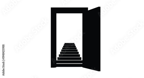 An open doorway reveals a staircase leading upwards silhouette