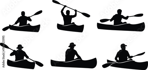 Kayak and canoe paddler silhouettes set outdoor adventure kayaking activity river paddling sportsmen isolated vector illustration collection black water sport