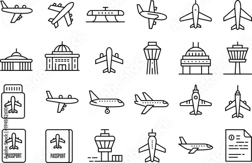 Flat vector illustration of air travel icons, airplane, passport, airport terminal, control tower, travel document, flight, tourism concept design