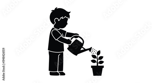 Young boy watering a plant with a watering can silhouette