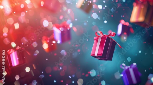 Vibrant Floating Gift Boxes with Bokeh Lights