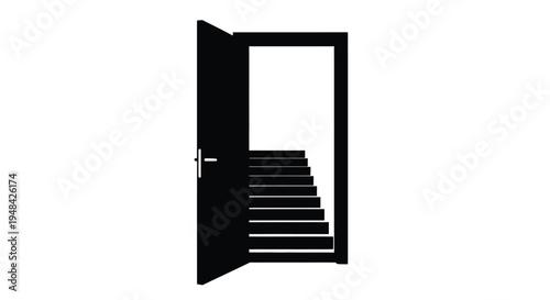 An open doorway reveals a staircase leading upwards silhouette