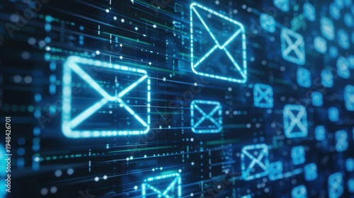 Digital email icons on a blue technology background