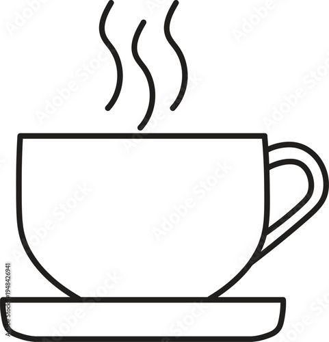 Minimal Steaming Coffee Cup Line Icon with Saucer for Cafe or Hot Beverage Symbol