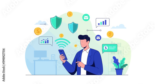 Businessman using smartphone with finance and security icons floating around