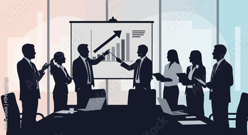 Business team discussing strategies in modern office meeting room