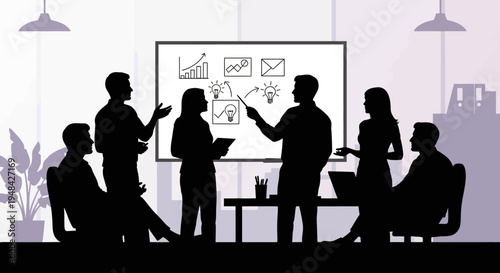 Business team collaborating on project with whiteboard presentation