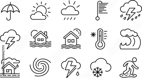 Flat vector illustration of weather icons, rain, sun, storm, snow, flood, hurricane, climate change, natural disaster, forecast concept design